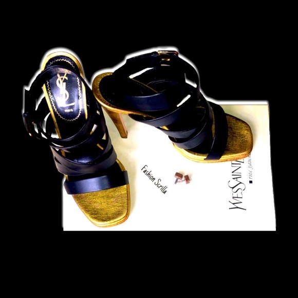 Yves Saint Laurent Montaig Leather 105 Strappy Sandal Platform Heels Nero/Gold - Picture 7 of 11